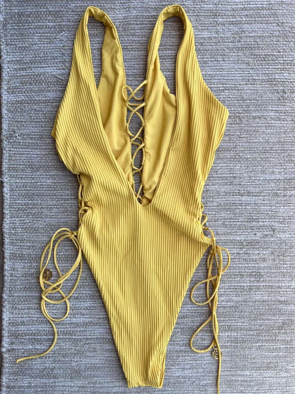 Luli Fama Pura Curiosidad Open Side One Piece Ribbed Swimsuit Yellow Lace Up  M